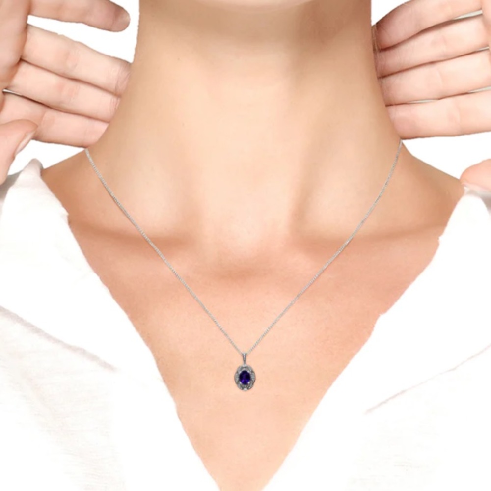 Haus of Brilliance .925 Silver Diamond Accent Oval Amethyst Pendant Necklace - Picture 5 of 5